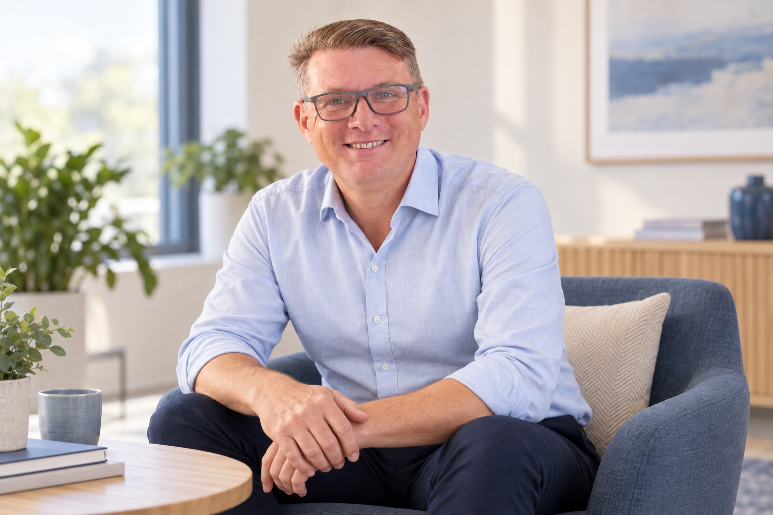 Jan Brandstein im hellblauen Hemd im Büro – KI-generiertes Porträt