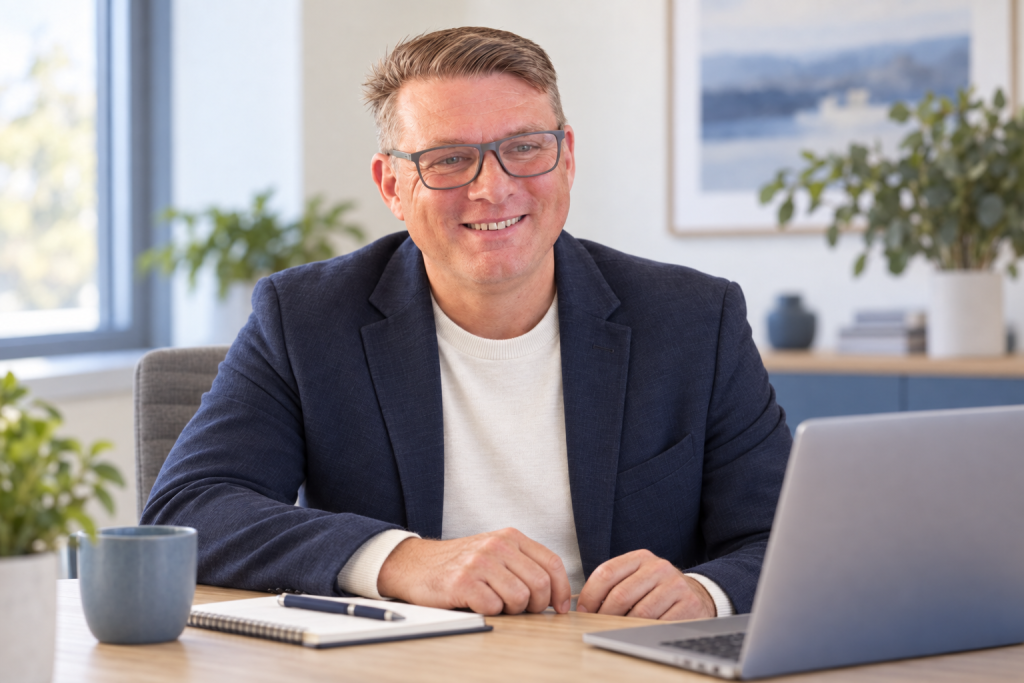 Jan Brandstein im legeren Sakko am Laptop im Büro