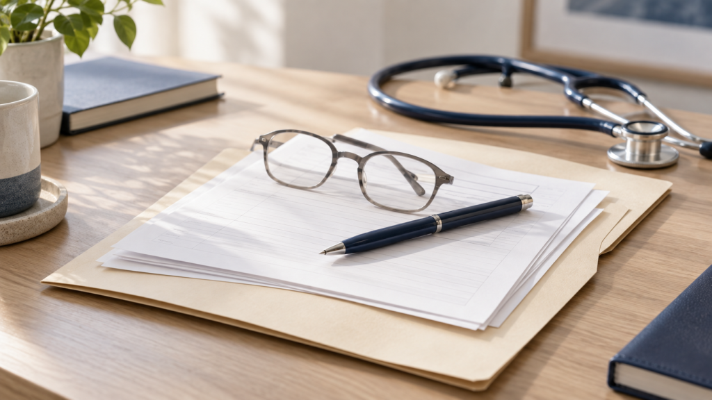 Unterlagen, Lesebrille und Stift zur Vorbereitung der PKV-Gesundheitsfragen